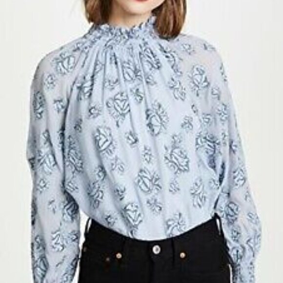 Rebecca Taylor Floral-print Mocknecktop In Silverbird Size 8 - Picture 2 of 8